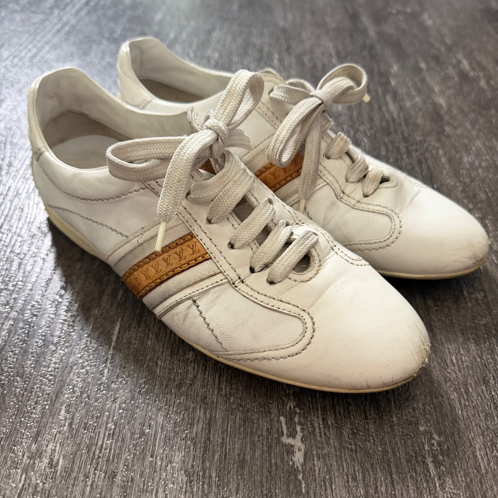 Louis Vuitton Sneakers Womens 34.5 White Leather Low Top GO 1016 Logo Stripe